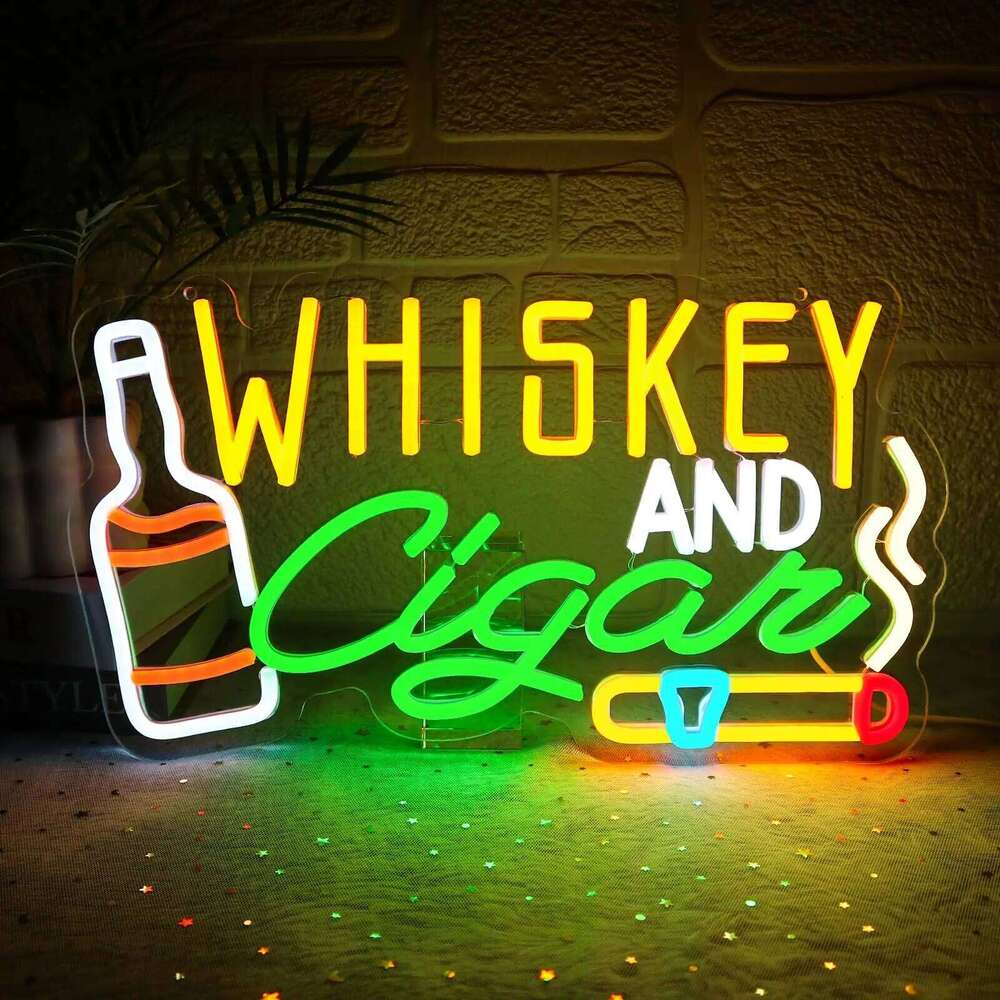 Whiskey Cigar Neon Sign with Dimmable Switch LED Light Up for Wall Lounge Home Pub Bar Man Cave Wine Cellar Hotel Decor 26T0104