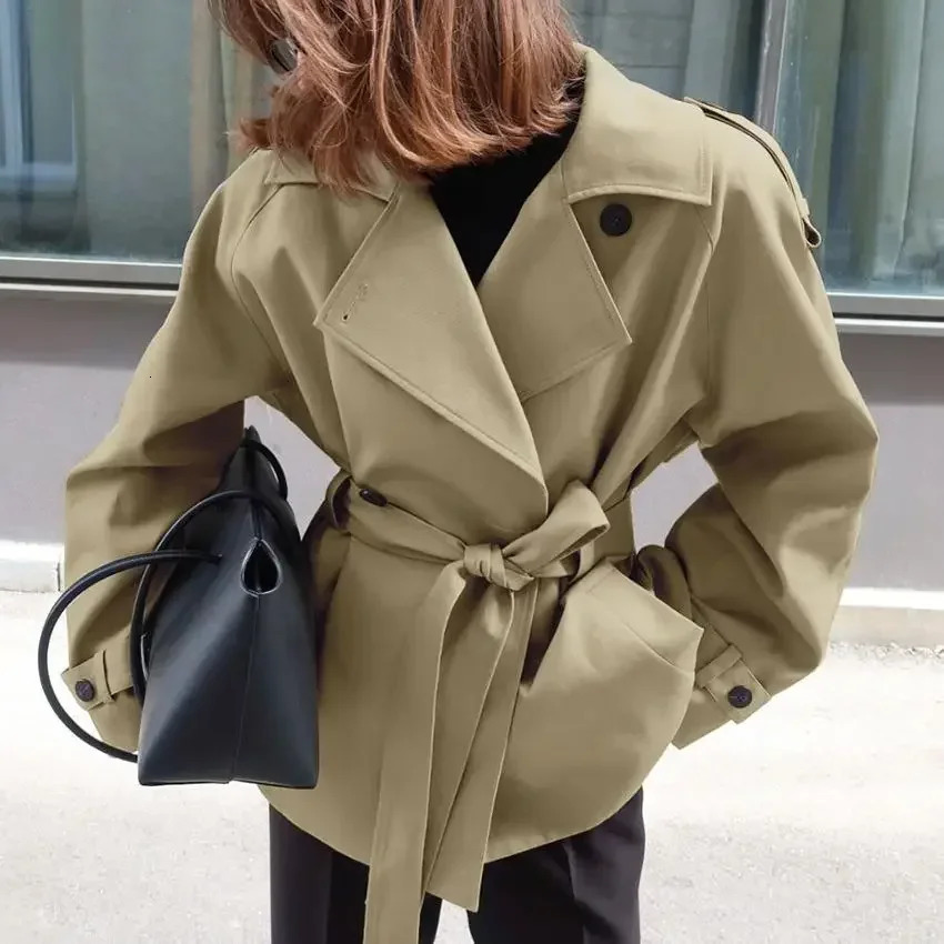 Women Solid Lapel Single Breast Short Jacket Long Sleeve Belt Button Lace Up Cropped Trench Coat Lady Casual Fall Daily Wear 251226