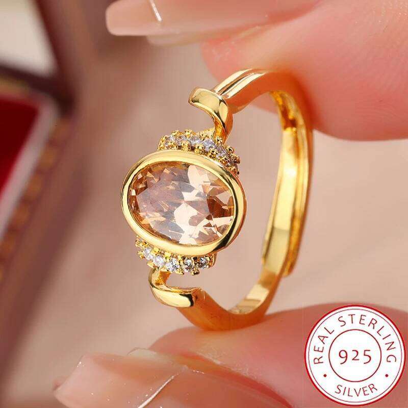 "18k Gold Plated Oval Ring, 925 Sterling Silver Base, Elegant Cocktail Party Ring for Women, Light Luxury Gift"