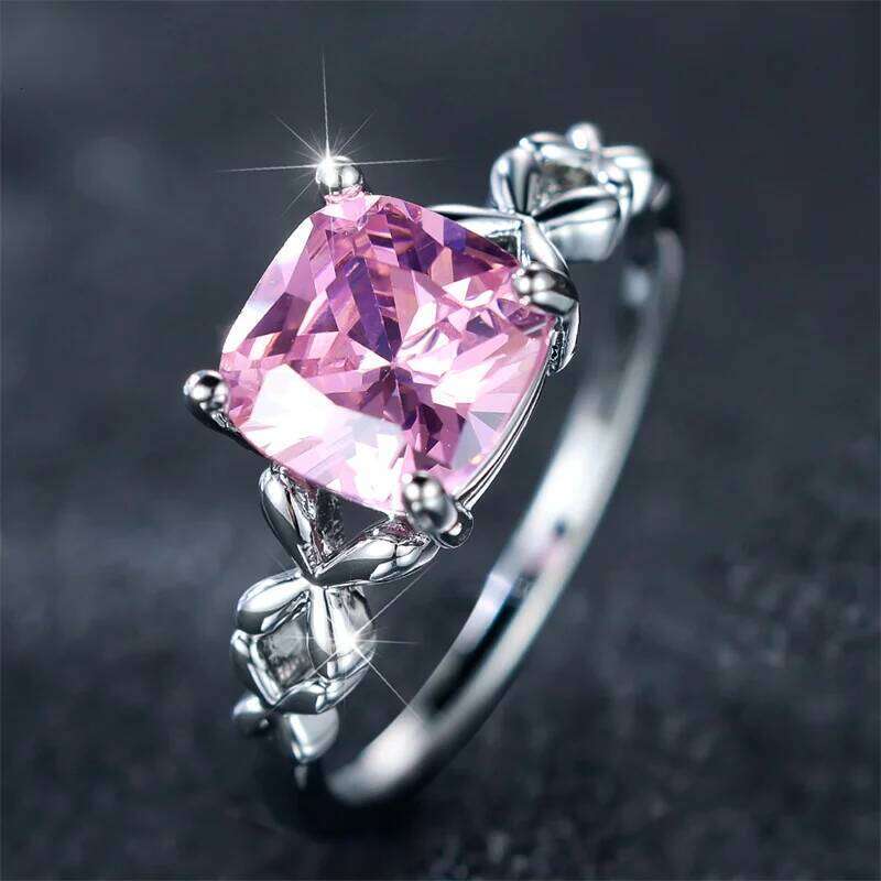 Luxury Female Pink Zircon Stone Ring Trendy Silver Color Cute Wedding Jewelry Gift For Women