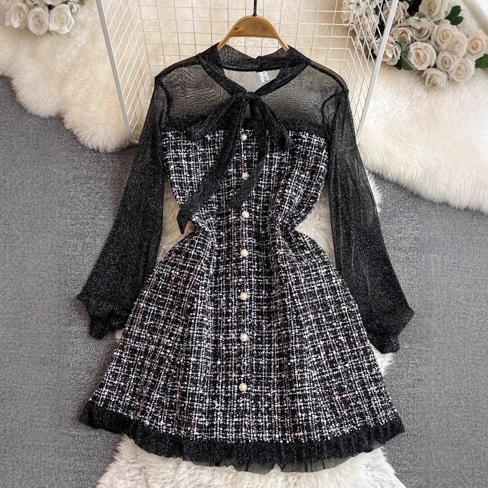 Urban Lady's Fall/winter Style Chic Fashion Socialite Elegant Mesh Material Long-sleeved Bow-neckline Waist Cinched Tight A-line Tweed Ladies
