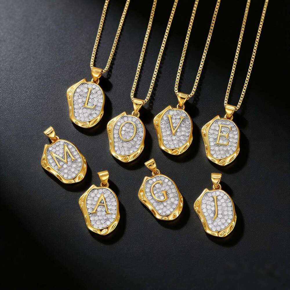 Cross-Border European and American Style Copper Plated Full Diamond 26 English Letters for Women Light Luxury High-End Sweater Chain Necklace Pendant