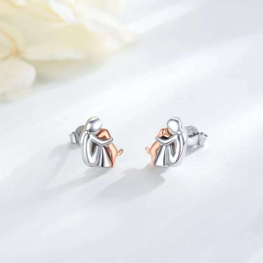 S925 Sterling Silver Girl Hugging Dog Earrings for Women Fashion Versatile Simple Cute Animal Pendant Jewelry