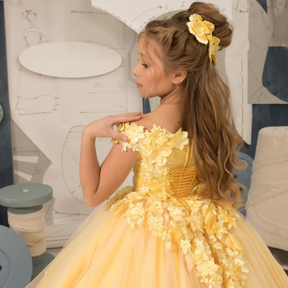 Cute Yellow Flower Dresses Elegant A Line Off Shoulder Appliques Long Girl Pageant Party Gowns Teens Birthday Dress J04 B0312