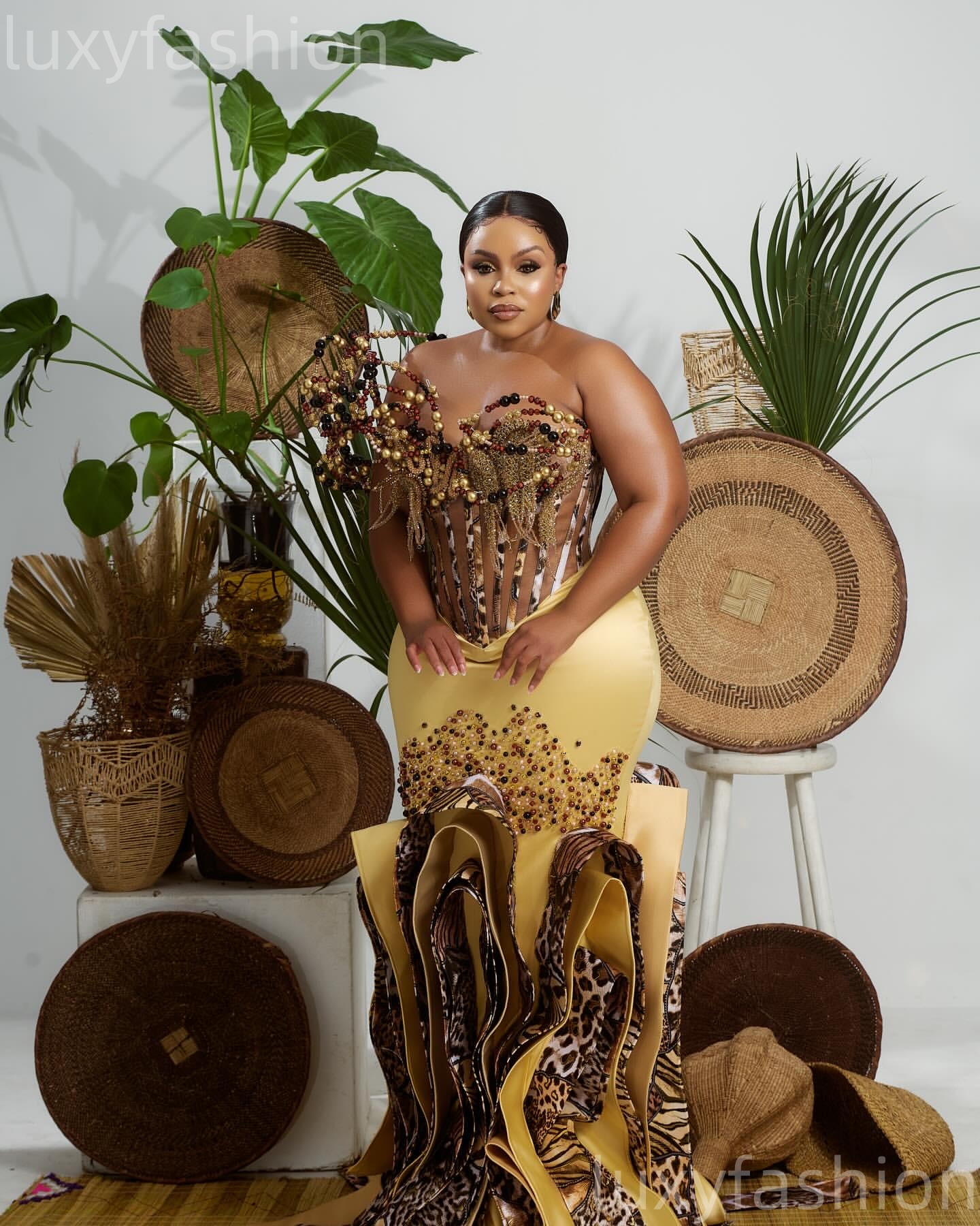 2026 Aso Ebi Gold Mermaid Prom Dresses Pearls Printed Satin Evening Formal Party Second Birthday Engagement Gowns Dress For Special Occasions