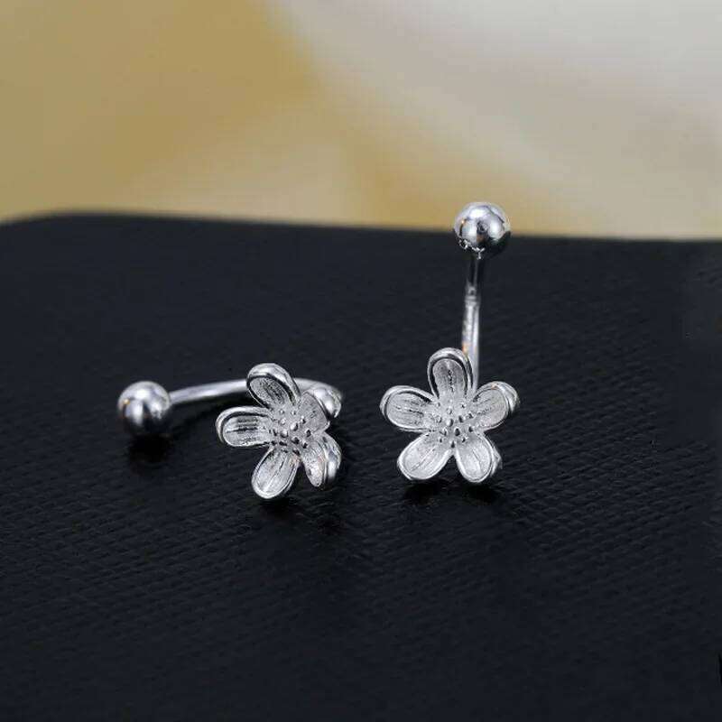Real 925 Sterling Silver Minimalist Flower Stud Earrings for Women Cute Plant Fine Jewelry Piercing Screw Bead Accessories