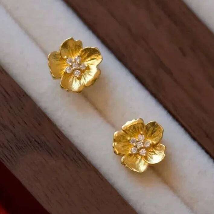 Real 925 Sterling Silver Mini Zircon 18K Gold Peach Blossom Stud Earrings for Women Cute Fine Jewelry Plant Accessories