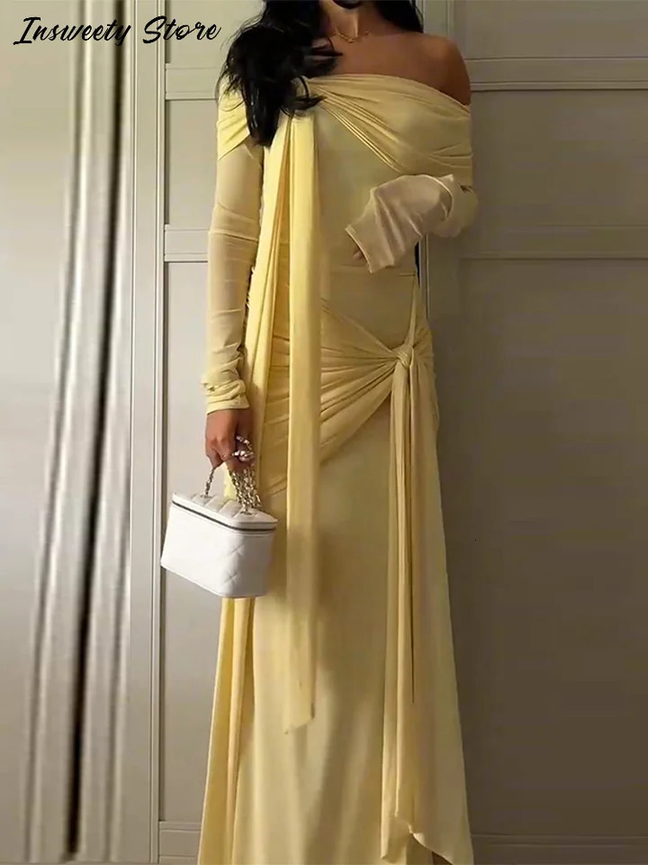 Elegant Solid Lace Up Dress Womens Off The Shoulder Long Sleeve Draped Dresses 2026 Spring Female Chic Party Robes 251225