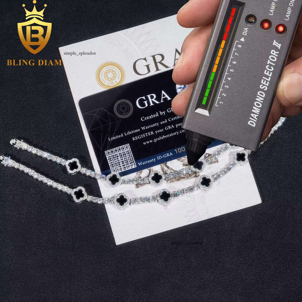 Fashion Black Clover Tennis Chain 925 Silver 3mm VVS Moissanite Pass Diamond test Hip Hop Bracelet