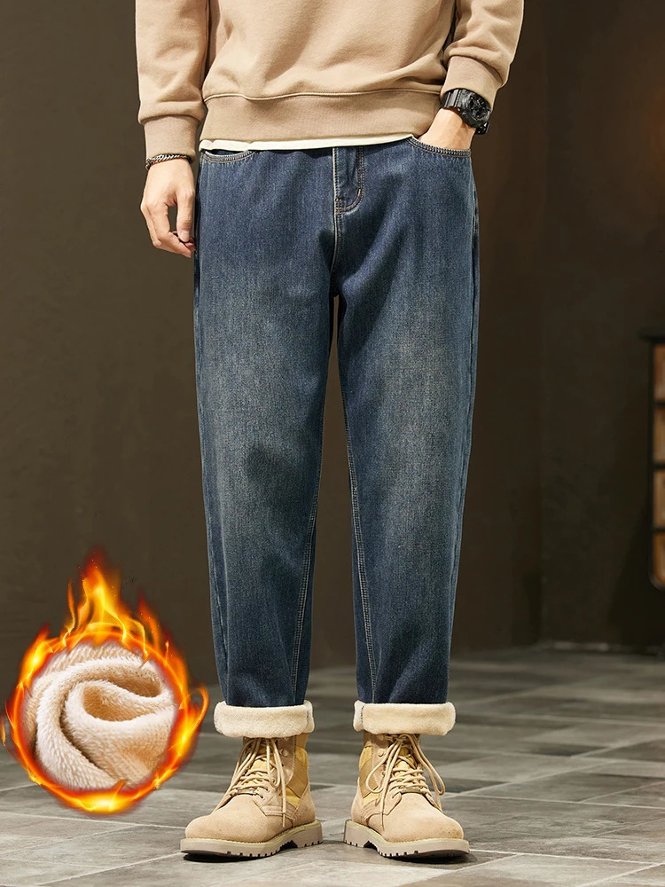 Retro Loose Winter Fleece Jeans Mens Warm Thicken Fashion Casual Denim Pants Comfortable Plush Velvet Thermal Male Trousers 251226