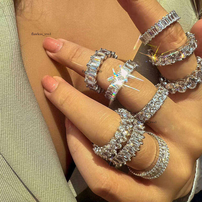 5A Cz VVS Moissanite Ring Eternity Wedding Bands Engagement Baguette Diamond S925 Sterling Silver Stackable Rings Jewelry Women - view 5