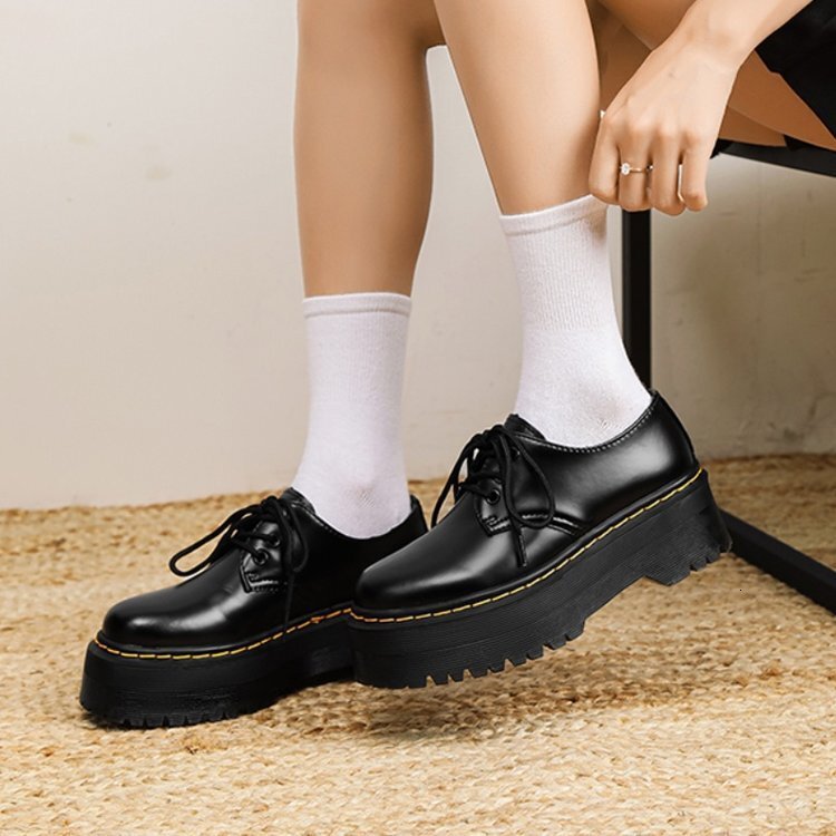 Ddmysports Soft British Style Thick Soled Popular JK Women S Leather Shoes New Black College Loafers Lace Up Flats Outdoor Shoes