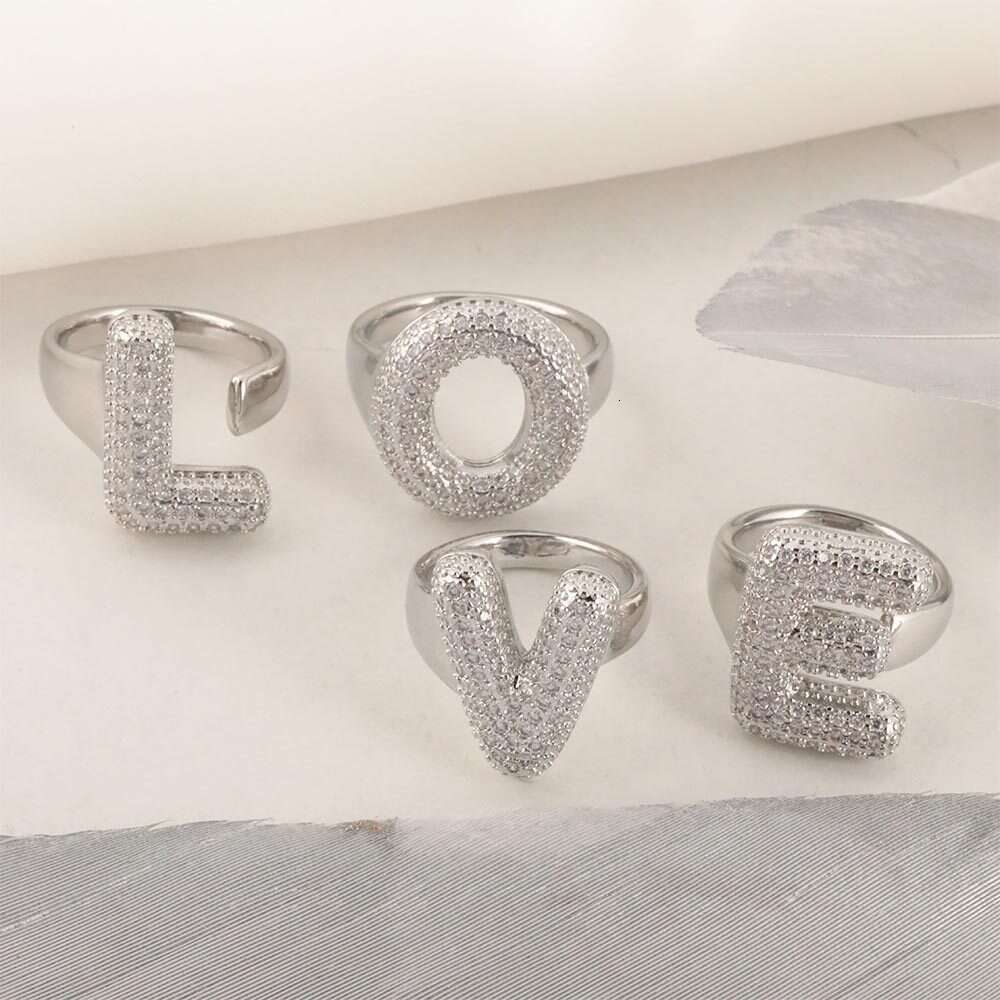 2 pcs Fashion Gold Ring 26 Alphabet Rings with Diamond Copper Inlaid Zircon Open Non-fading Jewelry for Women Wedding Party Birthday Minimalist Style