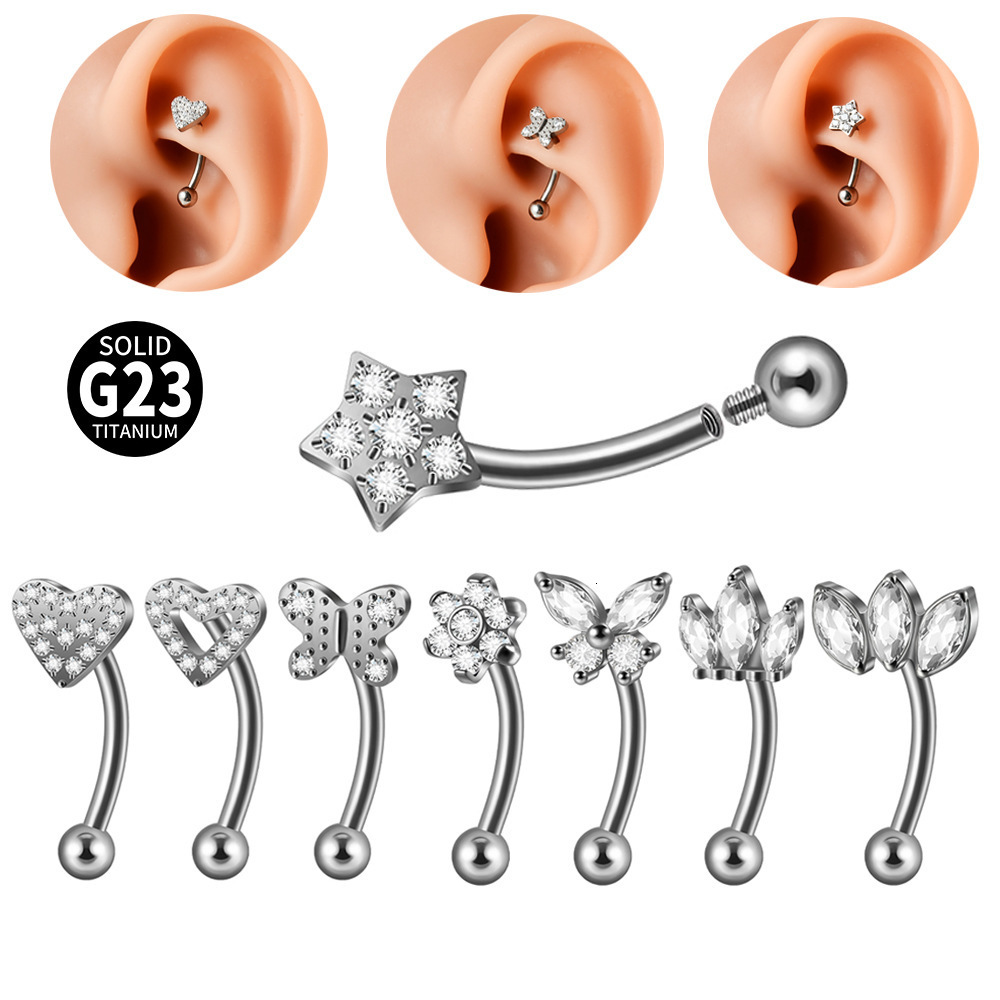 G23 Flower Zircon Earrings 16G Internal Thread Curved Rod Eyebrow Studs Marquise Butterfly Heart Five-Star Ear Bone Studs 250903