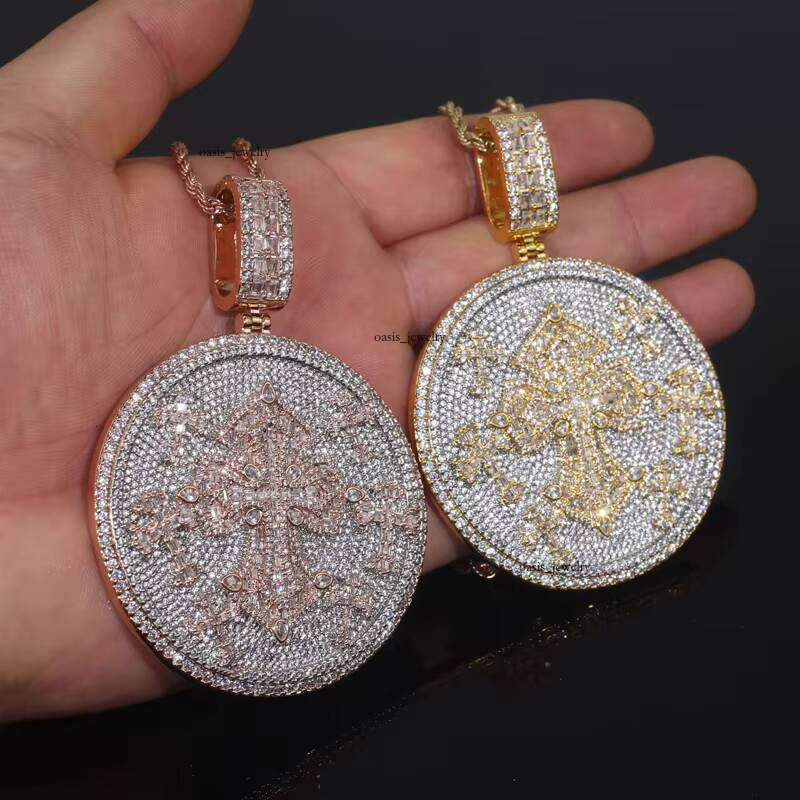 Ice out VVS Moissanite In Stock Heavy Round Pendant Layered Seven Cross Two-tone Fashionable Men's Hip-hop Jewelry Necklace