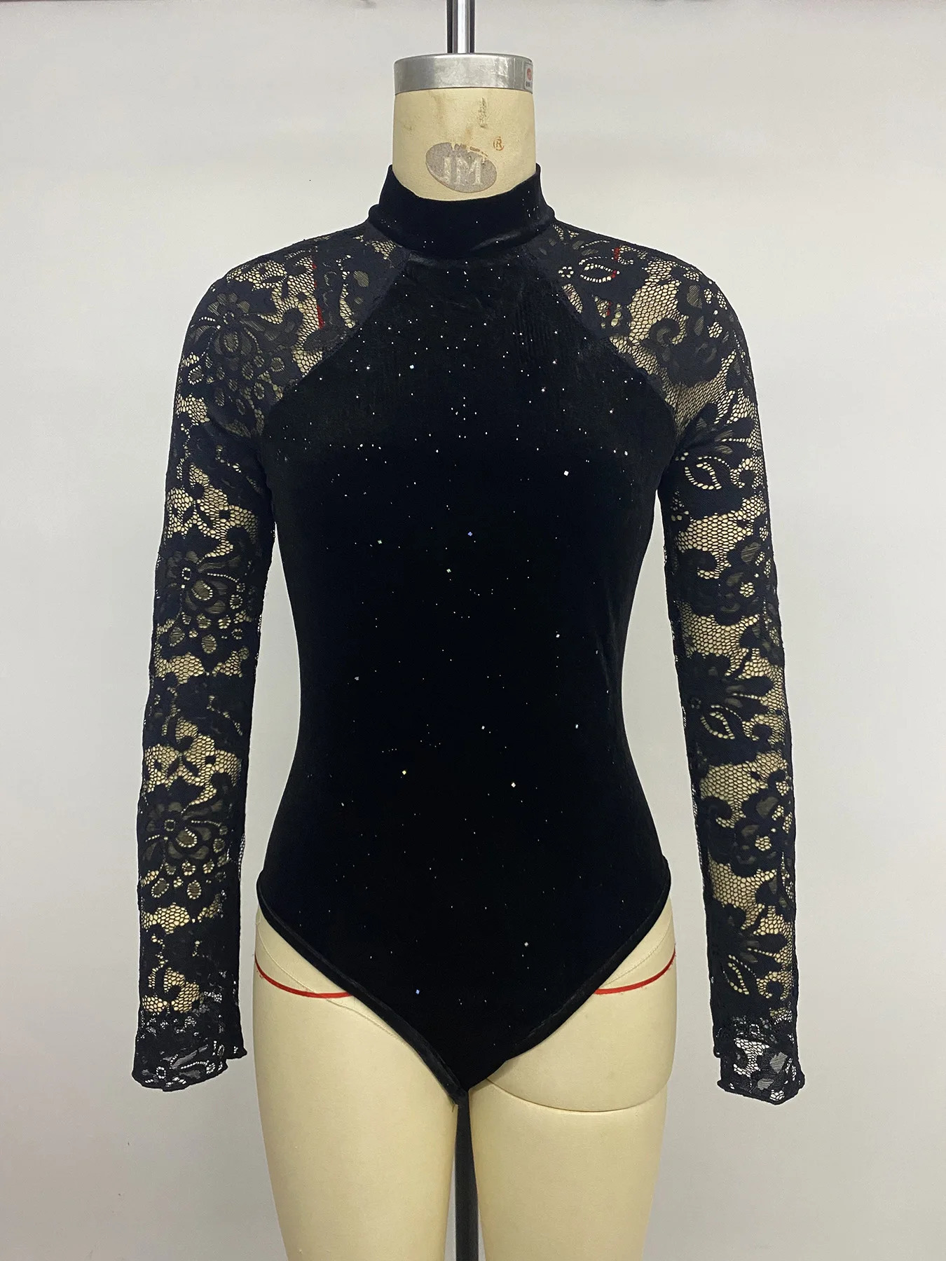2025 Sexy Lace Turtleneck Bodysuit Women Black Elegant Glitter Velvet Bodycon Long Sleeve Bodysuits Tops Body Suit 251231