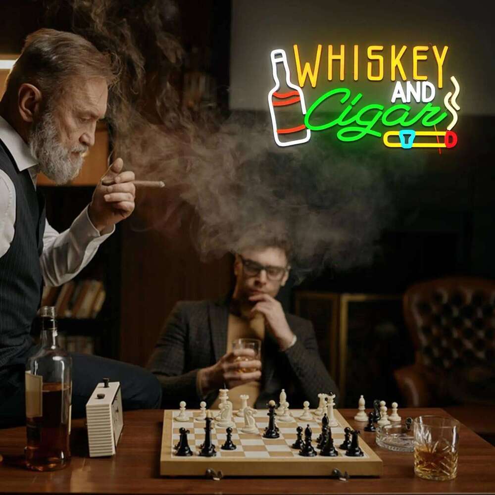Whiskey Cigar Neon Sign with Dimmable Switch LED Light Up for Wall Lounge Home Pub Bar Man Cave Wine Cellar Hotel Decor 26T0104
