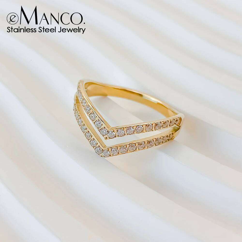 eManco Stainless Steel Shiny Rhinestone Irregular V-shaped Gold-Plated Stackable Rings Fine Jewelry Gifts48 Hour Shipping
