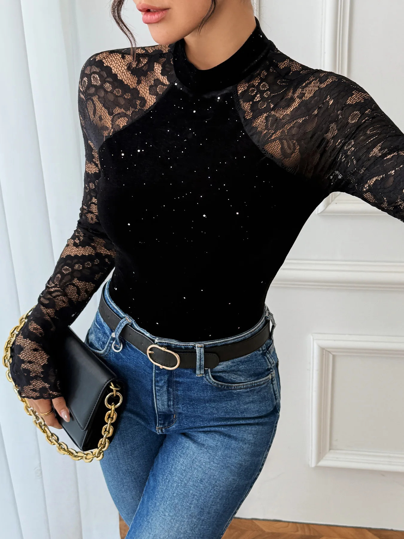 2025 Sexy Lace Turtleneck Bodysuit Women Black Elegant Glitter Velvet Bodycon Long Sleeve Bodysuits Tops Body Suit 251231