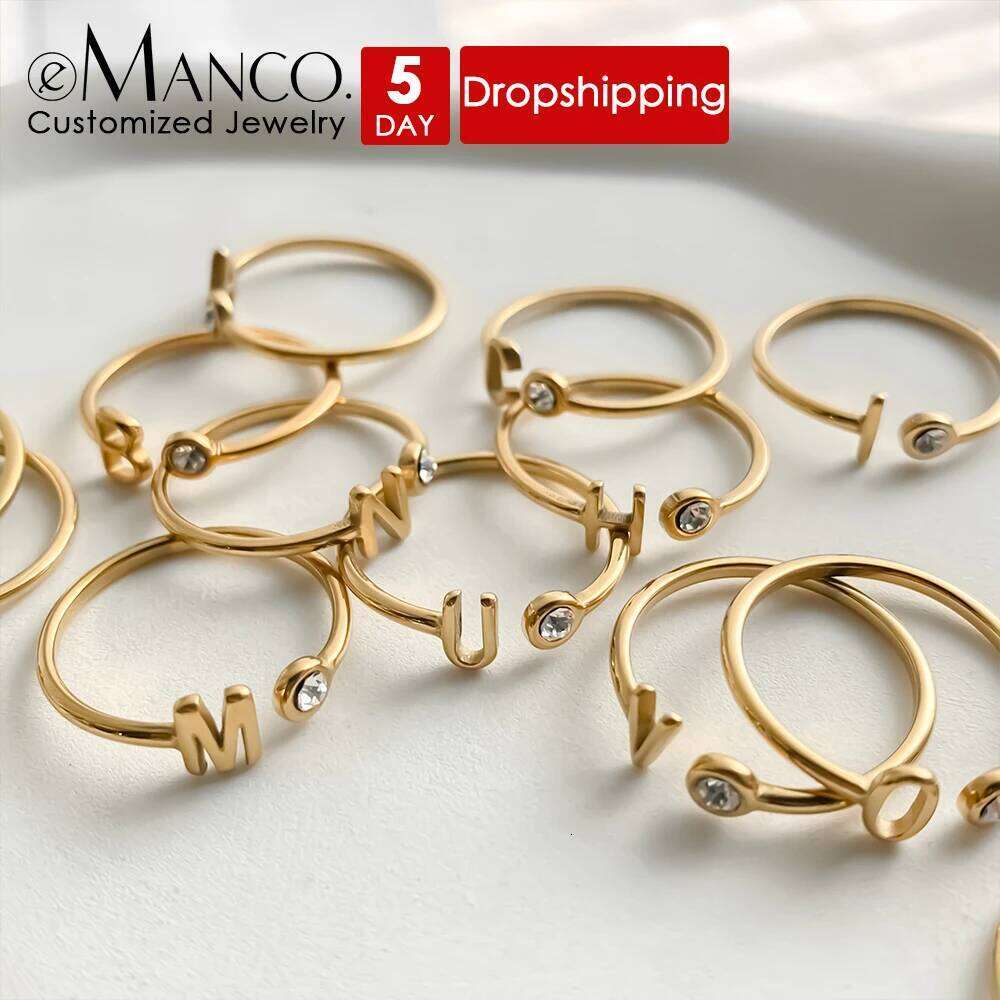 eManco Custom Open End Colorful Birthstone Initial Rings Stainless Steel Gold Plated Jewelry Holiday Gifts