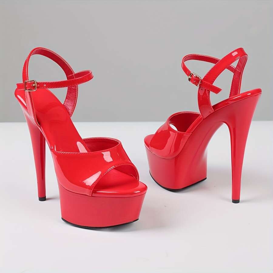 Stylish Women S High Heels Stiletto Sexy Party Peep Toe Platform Ankle Buckle Strap Wedding Sandals Bright Patent Nightclub Vacation Summer Shoes MOJI