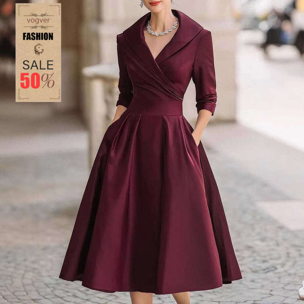 Satin Waist-Cinching Slimming Elegant Long Sleeve Dress for Women 2026 European American Style for Wedding & Evening Party