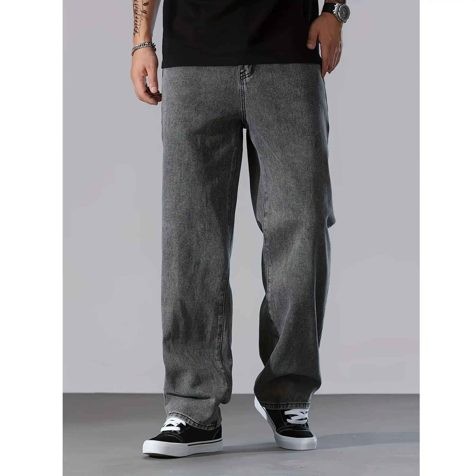 Large mens loose straight tube gray washed denim jeans suitable for all seasons versatile daily use wide leg pants 251205