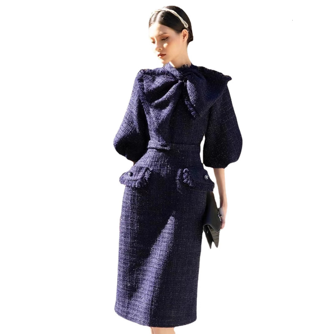 Fashionable And Elegant Urban Sexy Women's Dress 2026 Autumn New Style Tweed Mid-length Sleeve Bow Design Fitted Dress