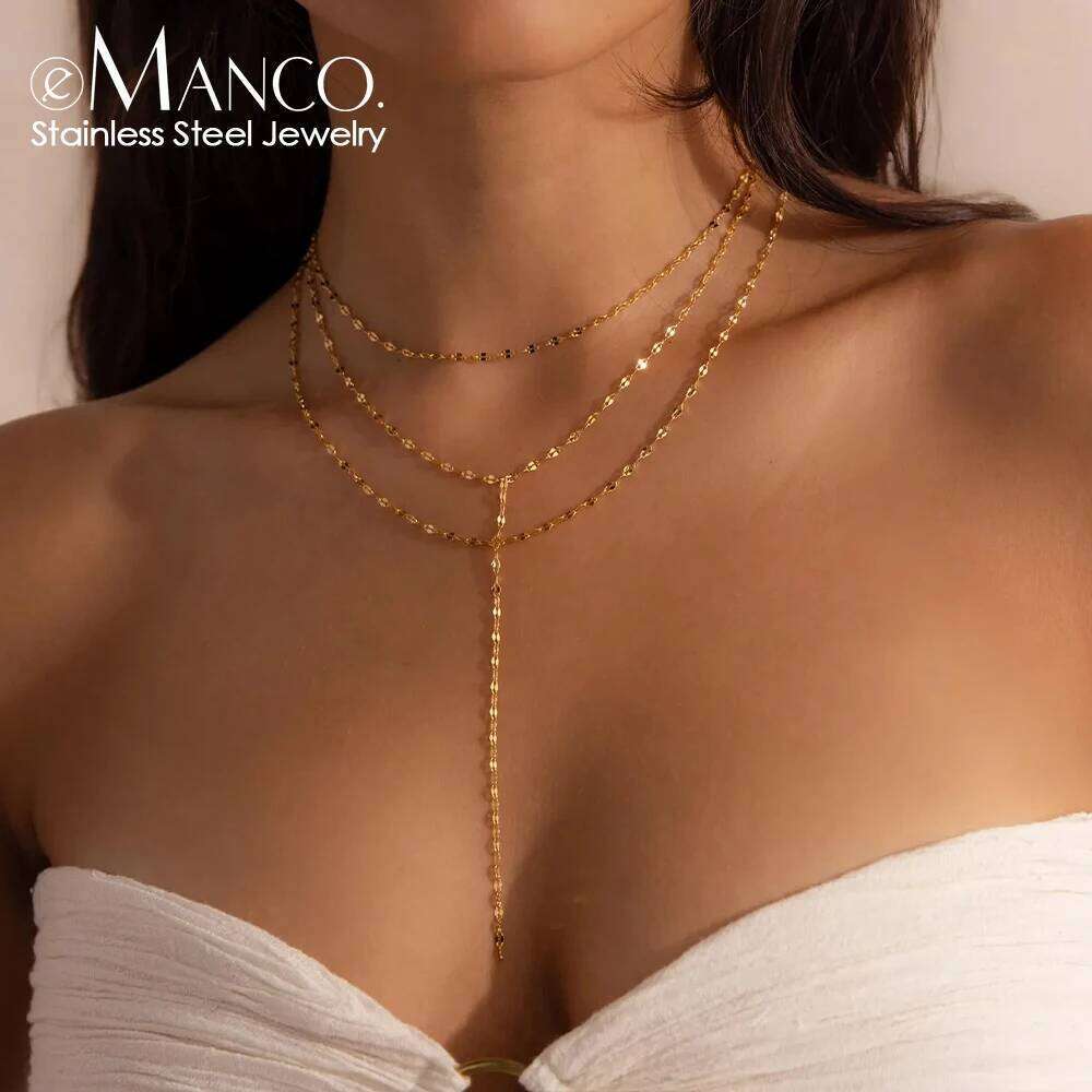 eManco Gold Color Stainless Steel Water-wave Chain Multi-Layer Lariat Necklace Minimalist Style Elegant Accessory Jewelry