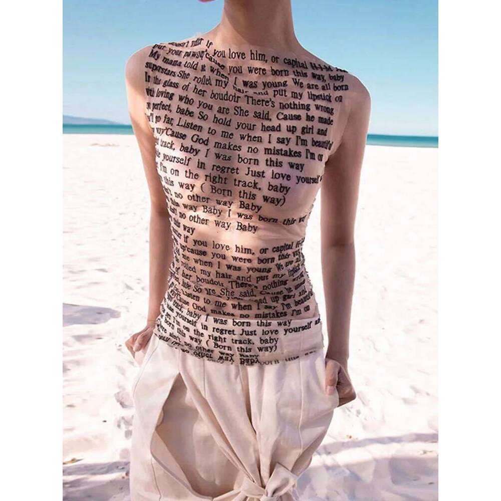 Fashion Trendy Round Collar Sleeveless Tank Mesh Sexy Article Print Slim Casual Top Women Hipster Wear