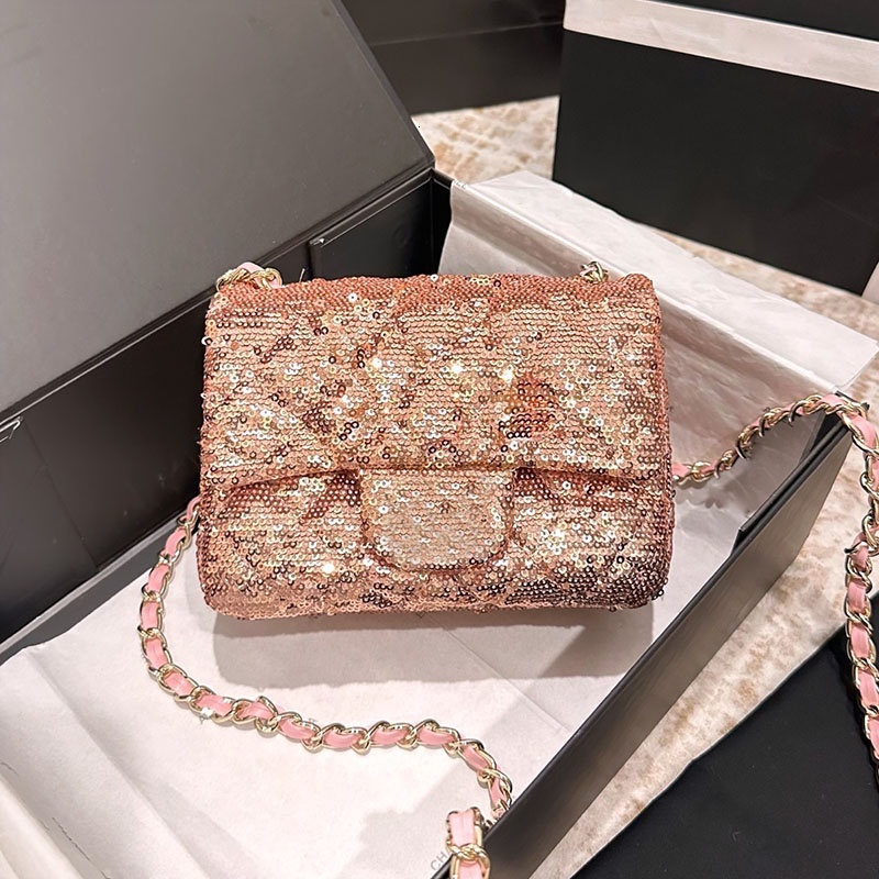 Shiny Sequins Ladies Stylish Shoulder Flap Bag Designer Handbag Diamond Lattice Light Golden Metal Hardware Woven Chain Cross Body Makeup Wallet 18cm Seven Colors