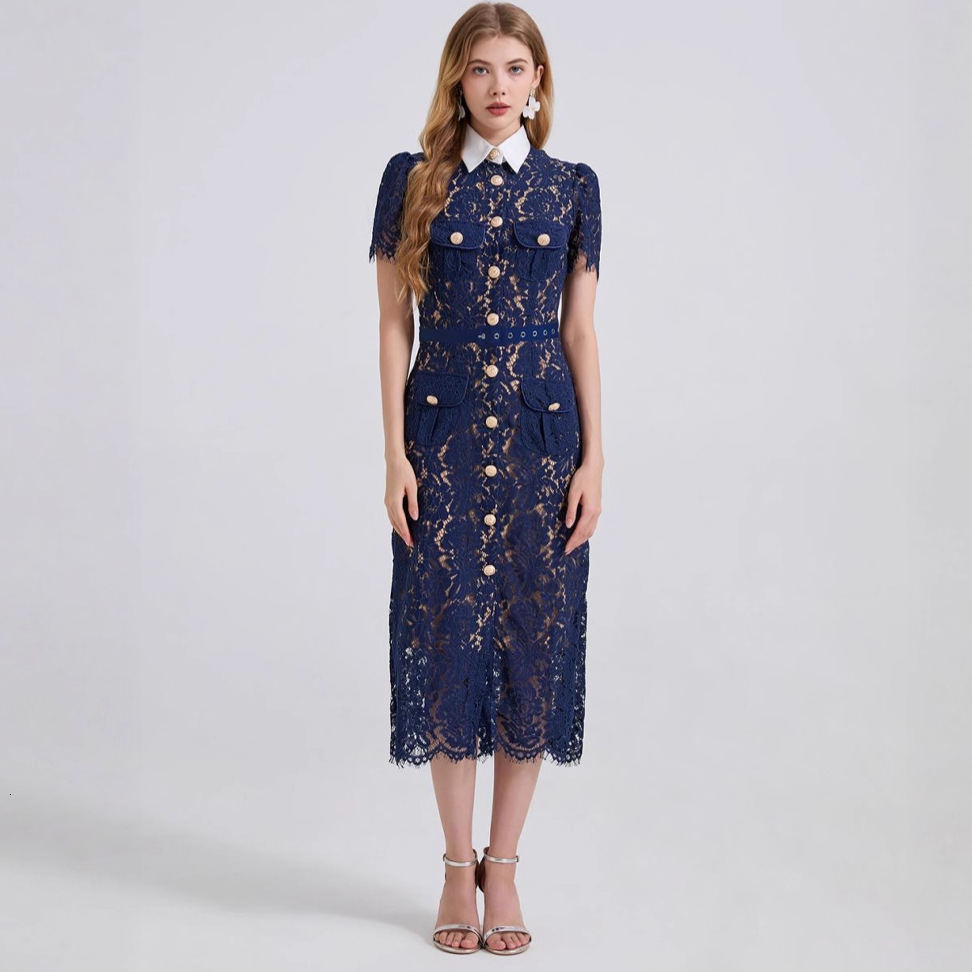 Urban Sexy Lady's Lace Dress - Summer Fashion Design Style - Block-style Collar - Single Row Of Buttons - A-line Dress With A Fitted Waist