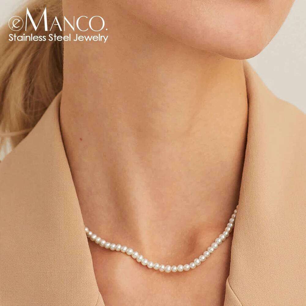 eManco New Imitation Necklaces Round Small Multi Size White Pearl Stainless Women's Clavicle Chain