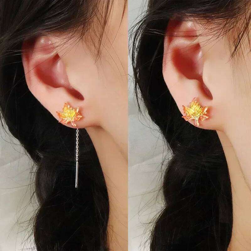 Real 925 Sterling Silver Red Maple Leaf Acrylic Tassel Stud Earrings for Women Trendy Fine Jewelry Minimalist Accessories