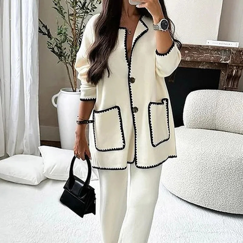 Women Autumn Winter Solid Two-piece Sets Fashion O Neck Double Pocket Buttons Tops Casual Straight Pants Female Suits 260104