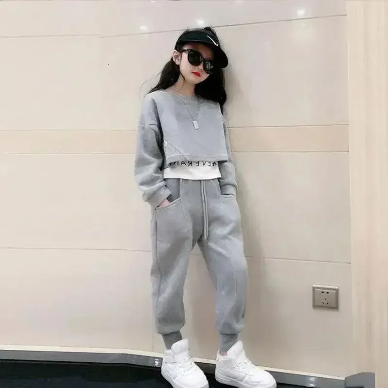 2025 teenager Gray girls Sport Suit spring Clothes Long Sleeve Top sweatshirt hooded Pants Casual 6 7 8 9 10 11 12 Years Child 260104