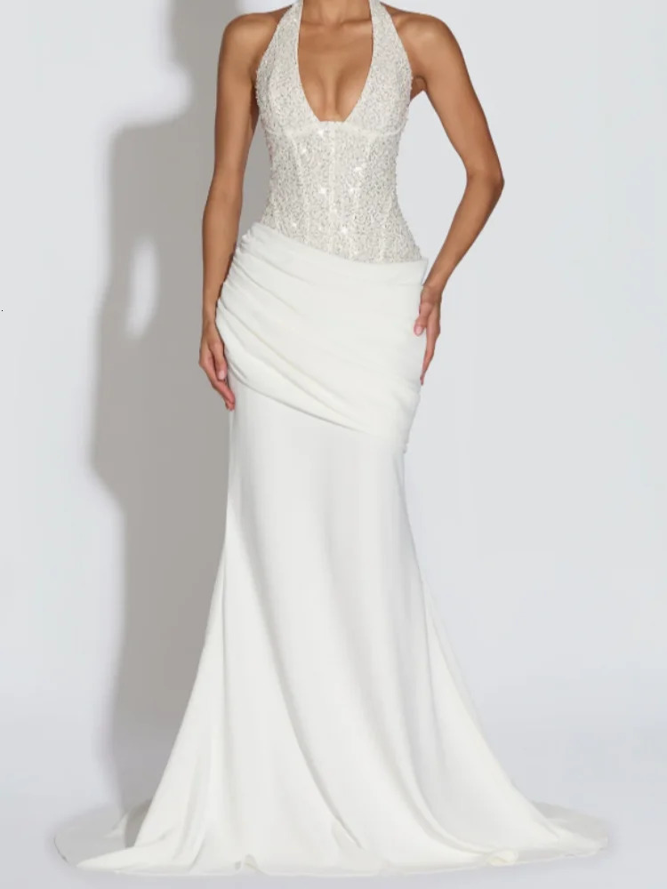 Sexy Sequin Patchwork Halter Maxi Dress Women Sleeveles Off-shoulder Cinched-waist Pleated Dresses Lady Christmas Party Gowns 251225