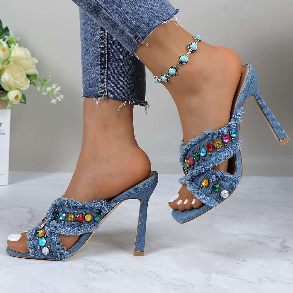 GLAZE Women S Denim Slip On Open Toe Stiletto Heels With Crossover Straps Hollow Design Fish Mouth Style Slingback Sandals For Evening Dresses Parties