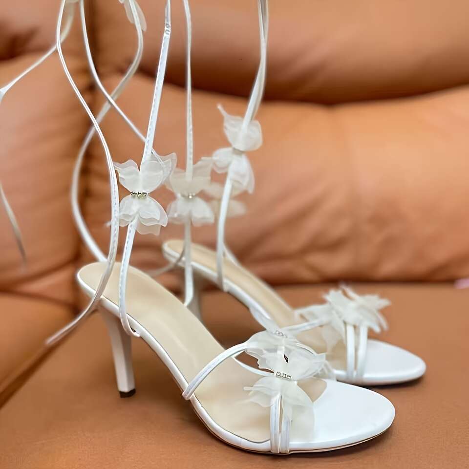 Ladies Summer White Bow Thin Strap High Heel Sandals Wedding Evening Heels Breathable Non Slip Soft Sole Inch Elegant Bridal Shoes Party Date MOJIDASH