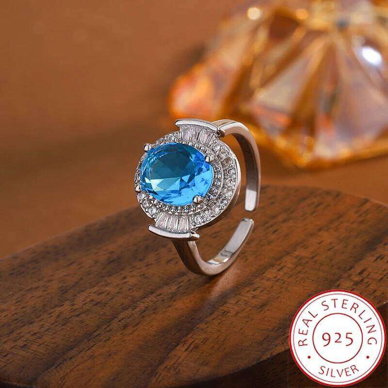 2026 New Shiny Blue AAAA Zircon Fashion Opening Adjustable Engagement Ring 925 Silver Plated Women's Jewelry