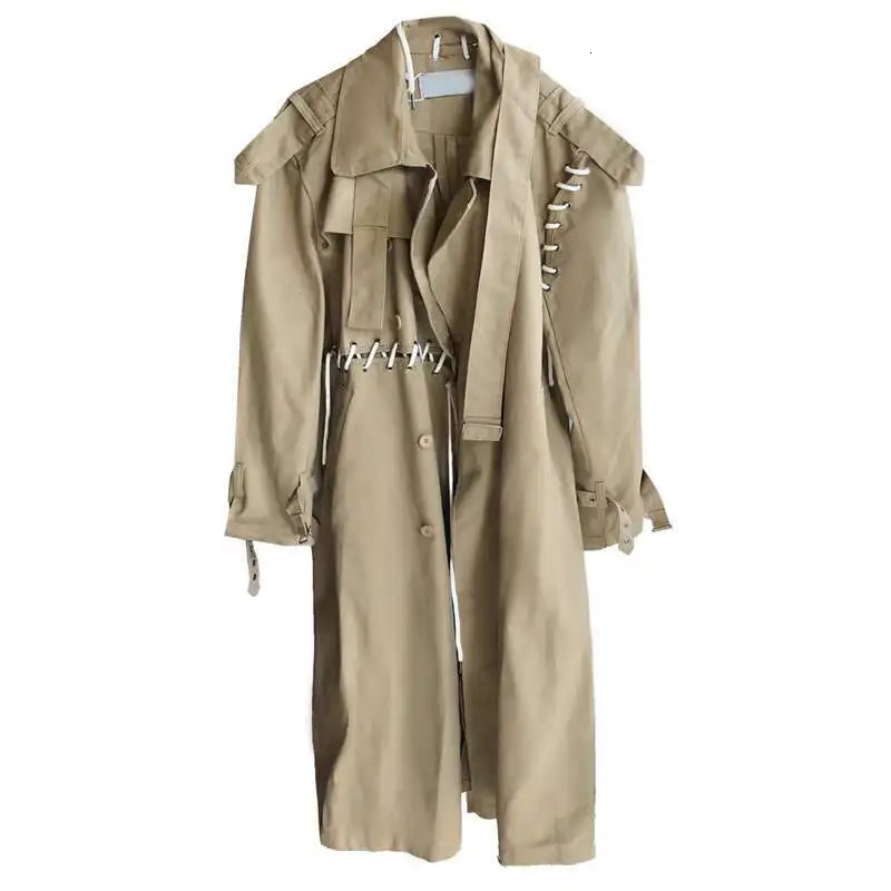 BJTZ Splicing Khaki Windbreaker Womens 2025 Spring Autumn Loose Temperament Midlength Drawstring n Trench Jacket 251231