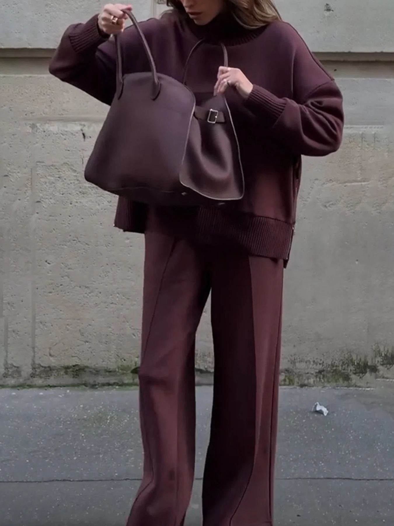 Womens Suede TwoPiece Set LongSleeved Slit Hoodie and WideLeg Pants Suitable for Autumn Winter Seasons 251225