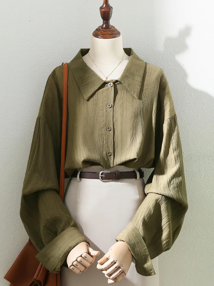 Korean Crepe Vintage Long sleeve Shirt Women Green Fashionable Oversize Top Office Lady Polo Collar Casual 251231