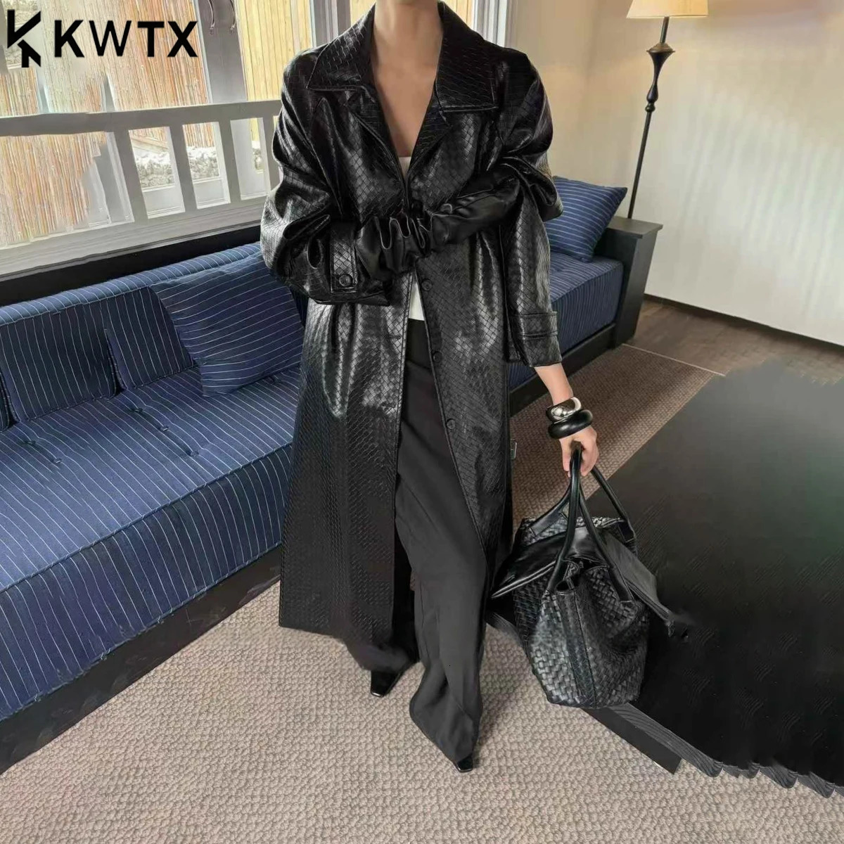 KWTX 2025 Womens Long Faux Leather Trench Coat Belted with Pockets Lapel Vintage Casual Trendy Spring Autumn Comfortable 251231