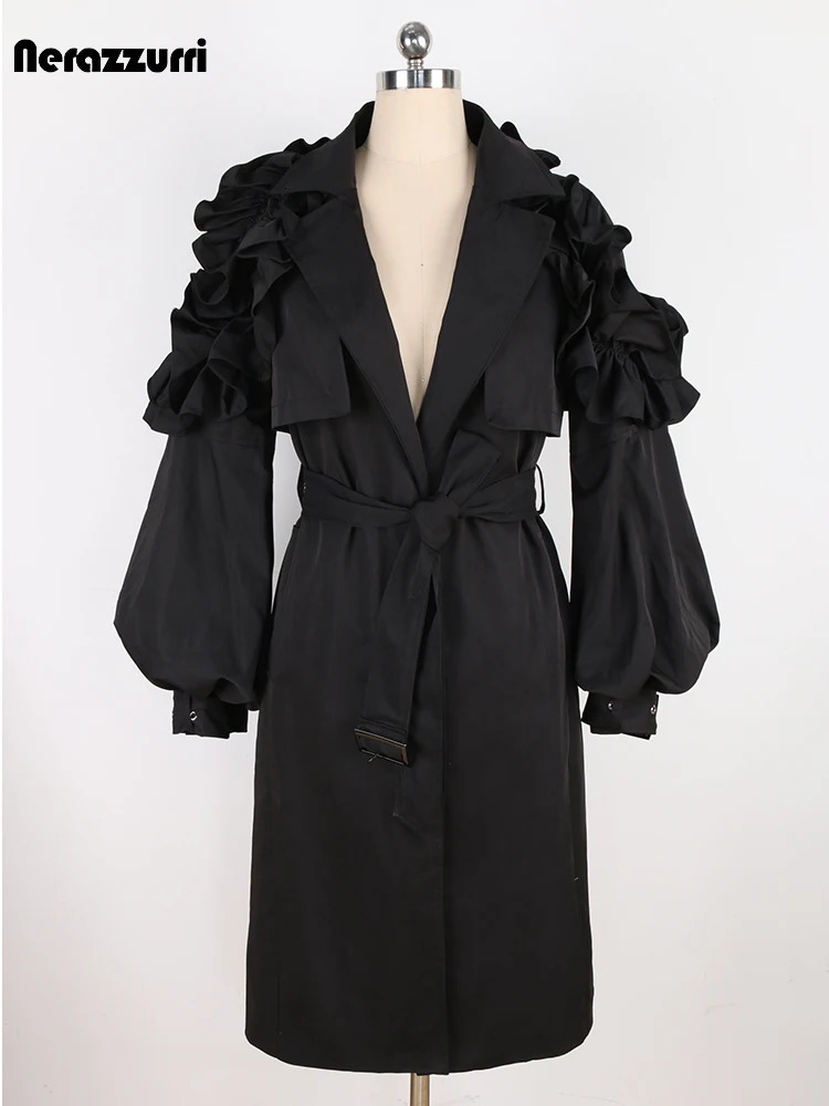 Nerazzurri Spring Autumn Runway Ruffled Khaki Long Trench Coat for Women Belt Elegant Chic Modest Clothes 2024 251231