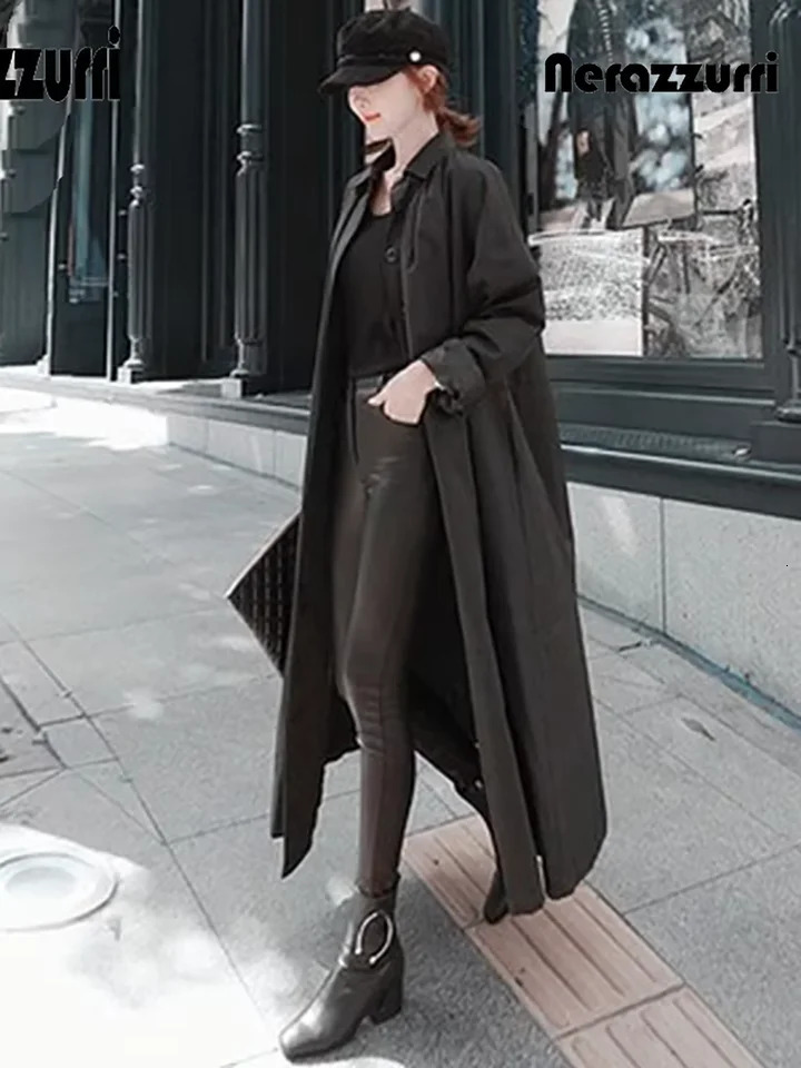 Nerazzurri Spring Autumn Long Black Waterproof Raincoat Coat for Women with Hood Sleeve Loose Clothes 2025 251231