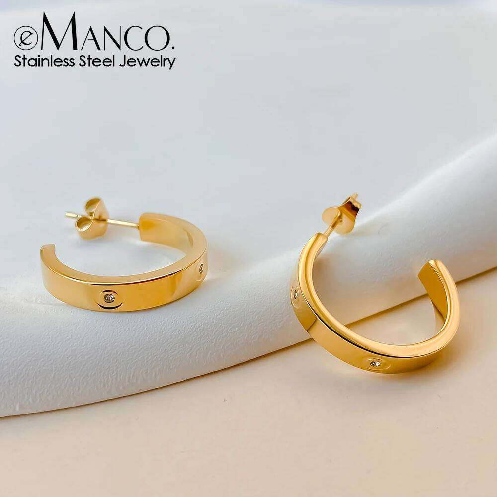 eManco C-Shaped Design Luxury Women's Hoop Earrings Stainless Steel Gold-Plated Sparkling Rhinestones Jewelry Accessories Gift
