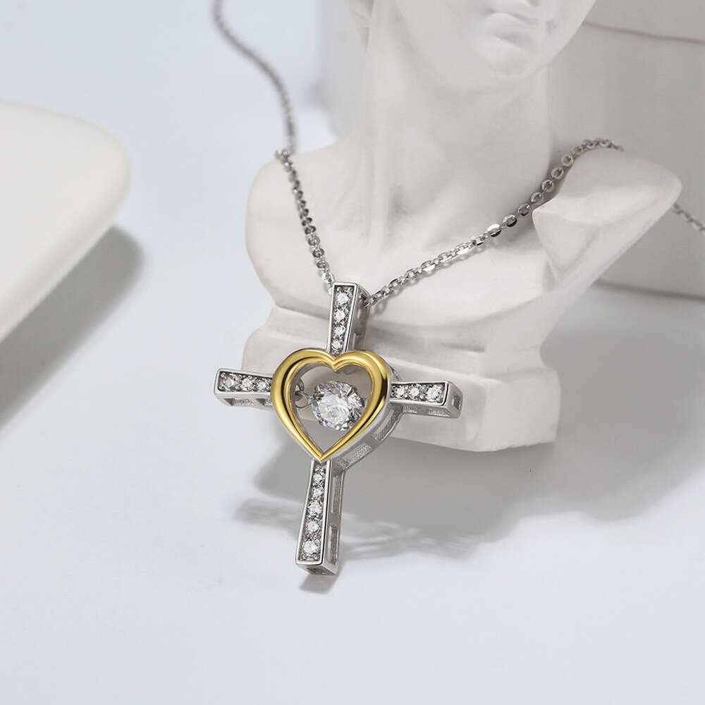 Hot Sale S925 Silver Beating Heart Cross Necklace for Women Heart-Shaped Collarbone Sweater Chain