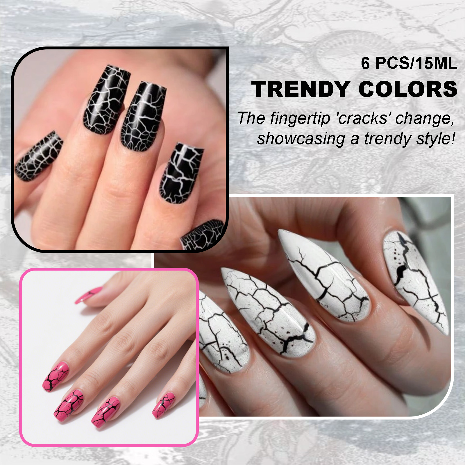 Nail polish with natural crack-resistant coating featuring marble-like patterns.