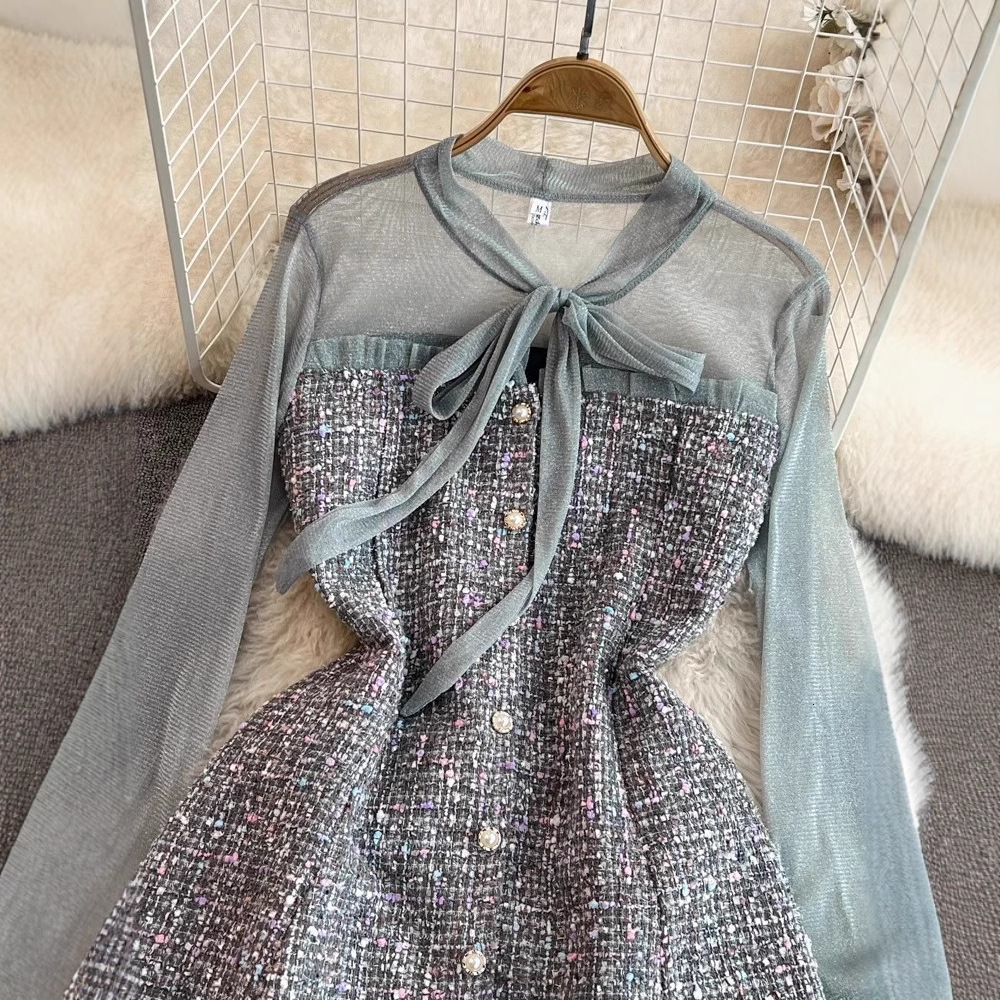 Urban Lady's Fall/winter Style Chic Fashion Socialite Elegant Mesh Material Long-sleeved Bow-neckline Waist Cinched Tight A-line Tweed Ladies